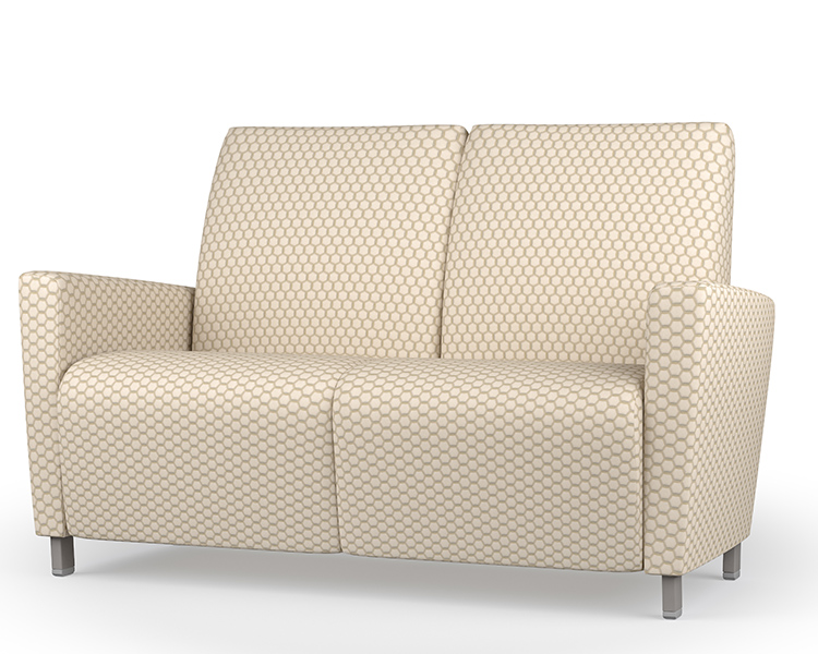 Integra Seating, Reef Upholstered Arm Settee with metal legs. Can be specified with clean-out seat, arm caps, and