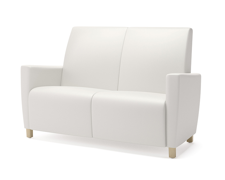 Integra Seating, Reef Upholstered Settee with wood legs. Can be specified with clean-out seat, arm caps, and ultra-strong