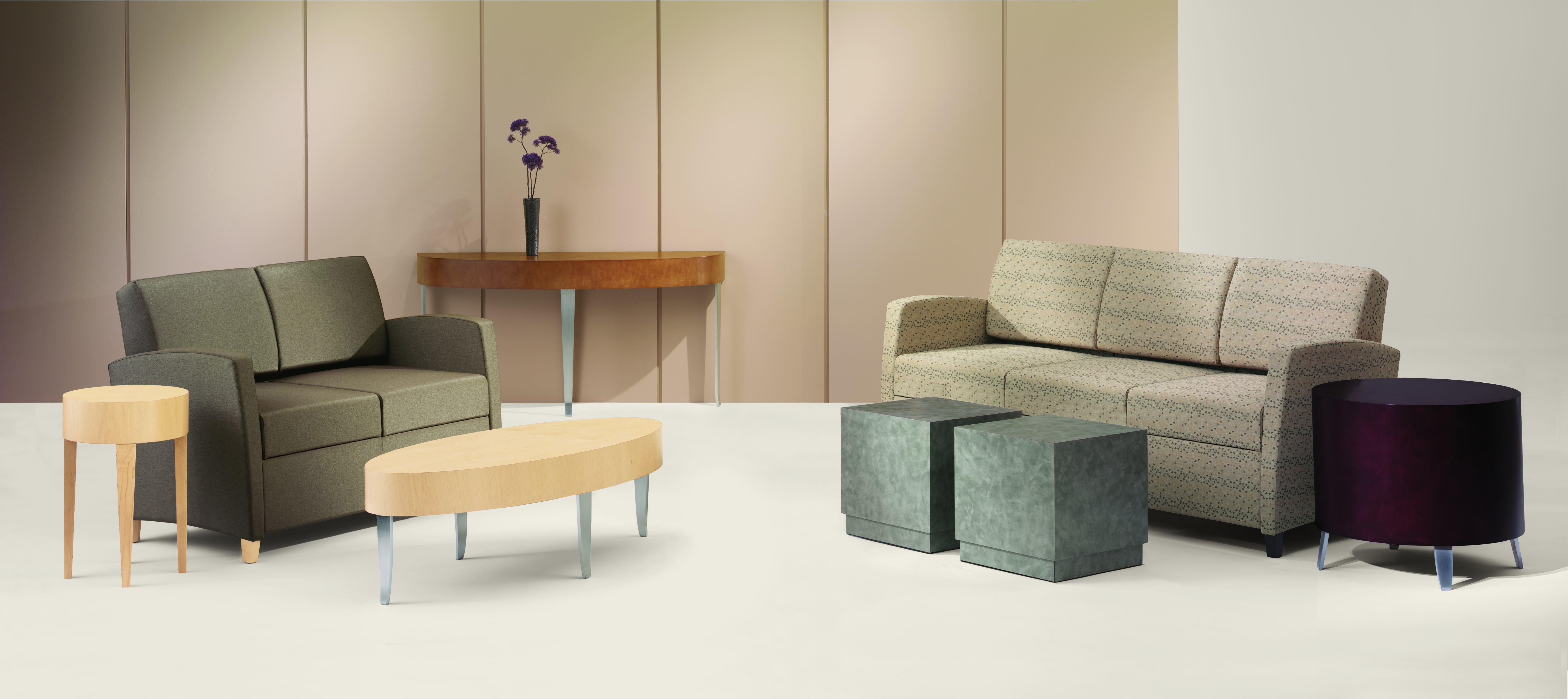Tria Upholstered Arm Group with Tria Tables and Cube & Drum Tabless