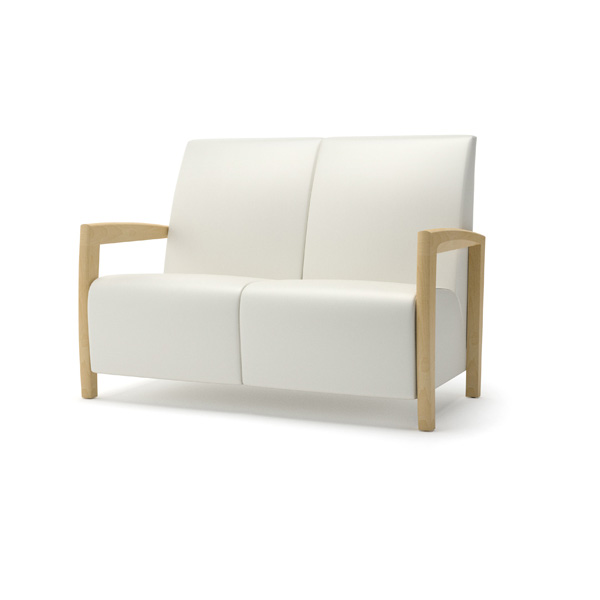 Integra Seating, Reef Wood Settee. Can be specified with arm caps and metal stand-offs, providing enhanced cleanability.