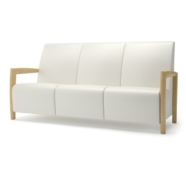 Integra Seating, Reef Wood Sofa. Can be specified with arm caps and metal stand-offs, providing enhanced cleanability.