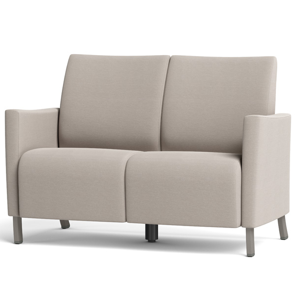 Integra Seating, Marina Upholstered Arm Settee with metal legs. Features a cove wipe-out for cleanability. Arm caps and